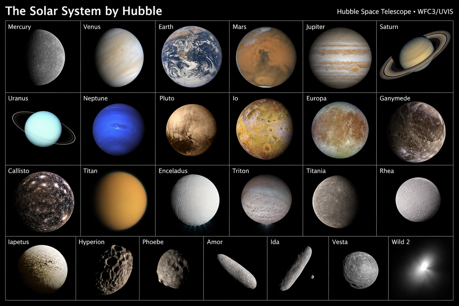Comparison of the Solar System’s planets, dwarf planet Pluto, moons and small bodies, labelled by name
